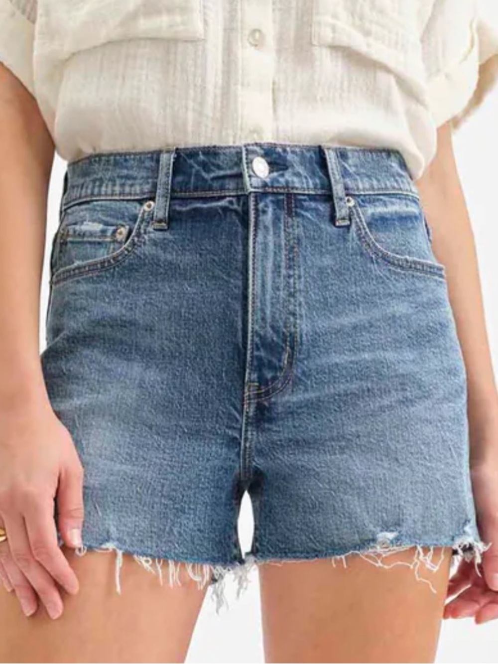 DAZE Mid-Rise Distressed Blue Denim Shorts